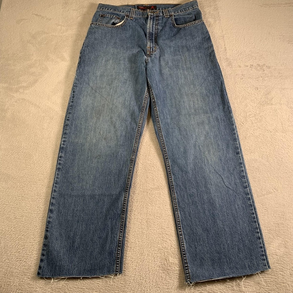 Perry Ellis America Jeans Mens 32x32(32x28) Blue Straight Leg Raw Hem Denim